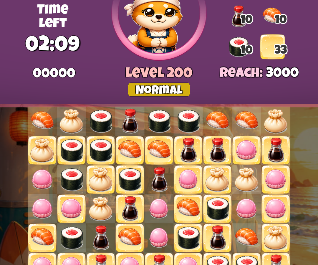 Shiba Sushi level with sushi board, timer, goals and Shiba mascot
